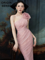 Asymmetrical Eurgen Yarn Elegant Fairy Qi Ladies Gentle Wind Solid Flowers Decorate Multilayer Pink Explicit White Gown