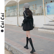 Navy collar windbreaker coat female spring and autumn 2021 New thin college style small man black short coat
