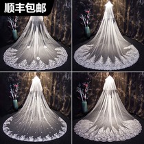 Bride wedding long tail main wedding veil female Korean champagne lace lace headdress Super fairy
