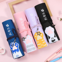 Cat cherry blossom pen bag Japanese version of personality creative simple canvas roller curtain plug multi-function stationery box literary retro cute hipster pencil bag large capacity junior high school students
