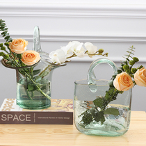 Nordic creative portable basket vase glass transparent simple living room bag vase table ornaments fish tank flower Ware