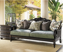 High-end custom American country solid wood carved rattan structure villa living room furniture soft seat fabric three-person sofa