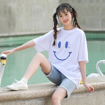 2020 Summer new short sleeve T-shirt female junior high school students large version Loose Medium long girl coat tide