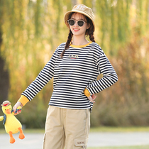 2020 Autumn new girl Autumn dress female college style junior high school students Korean casual stripe T-shirt middle school students top