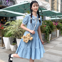 Denim dress girl Summer little man waist waist thin High junior high school student princess doll collar sweet skirt