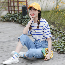 2020 Summer new junior high school students short sleeve high school students half sleeve T-shirt female casual stripe girl summer top