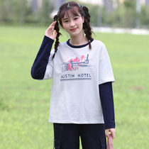 High school girls autumn clothing long sleeve fake two-piece coat junior high school student sweater thin Korean version loose Joker