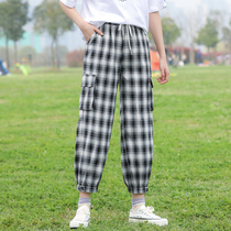 Girl Plaid Haren Pants Summer Thin Han Loose High School Junior High School Students Joker Fit ankle-length pants