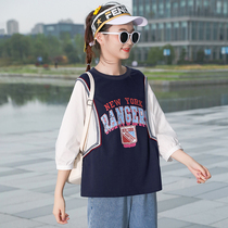 Girls Autumn High School Junior High School Students Fake Two Splice T-Shirt Sports Academy Korean Fashion Mid-Sleeve Top