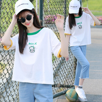 Girls summer fashion girl suit high school junior high school students summer T-shirt short sleeve top two-piece set 13 years old 15