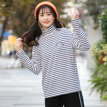 Junior high school girls plus velvet thin base shirt high school students winter stripes shirt college style slim high collar