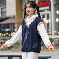 Girl sweet sweater fake two pieces of spring and autumn junior high school students high school girls Korean version of loose color color hooded top
