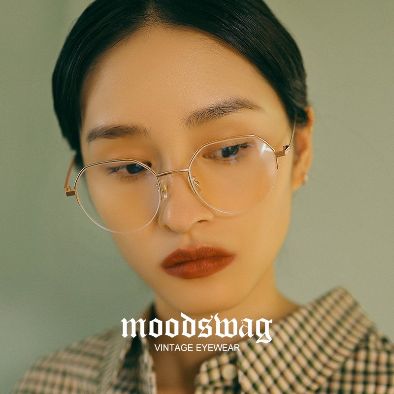 Inked with retro gold silk half-framed glasses womens big face thin ins plain face pure titanium eye frame men can match myopia