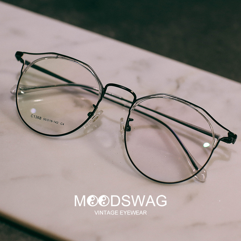 Inked retro transparent glasses frame womens network red literary chain flat mirror myopia half-frame eye frame male big face