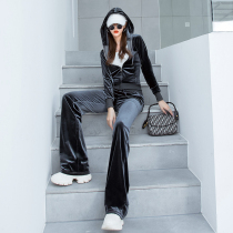 2021 new autumn and winter golden velvet sports suit women plus velvet thickened European station leisure sweater two-piece suit