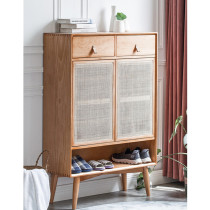 Nordic solid wood shoe cabinet Simple Japanese-style small apartment entrance cabinet Cherry wood color rattan storage cabinet dining side drawer cabinet