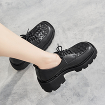 Leather thick-soled muffin single shoes womens autumn 2021 new deep-mouth thick-heeled high-heeled lace-up British style small leather shoes
