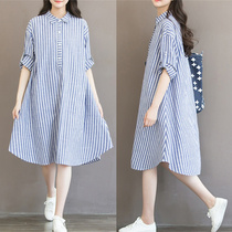 Foreign style maternity dress Korean version of spring loose medium and long cotton and linen dress Long-sleeved striped shirt 200 pounds shirt