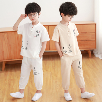 Boys summer clothing cotton linen suit 2022 new handsome Chinese wind Han clothes short sleeve ancient dress with two sets of donuts