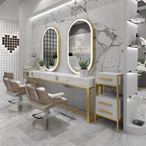 Simple barber shop mirror table Modern style hair salon mirror European-style hair salon special mirror hanging wall with lamp trendy hair cutting mirror