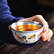 Single tea cup teacup six silver cups 999 sterling silver Kung Fu tea cup master cup gilt silver chicken pot