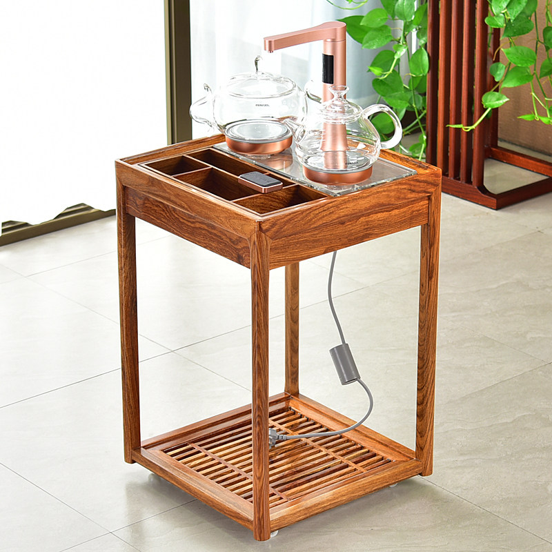 Mobile tea cart tea cabinet solid wood yellow flower pear new Chinese-style all-in-one automatic boiling water side of a few storage racks