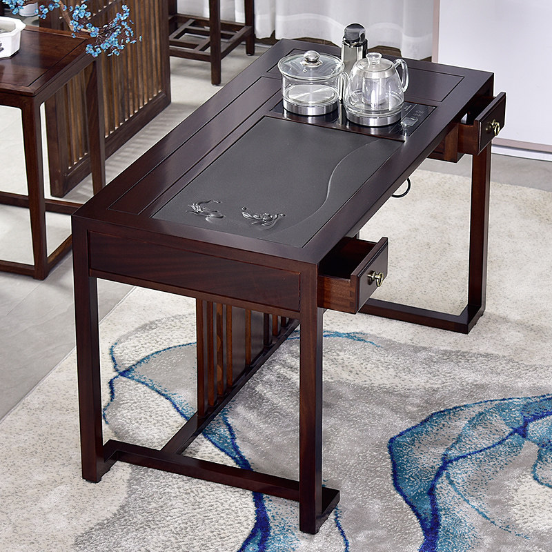 Boyuan tea table home solid wood tea table mobile tea cart tea sea tea seat kung fu tea set new Chinese pear ebony color