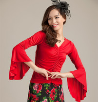 Dance pretty modern dance skirt top new Waltz dance ballroom dance elastic Ice Silk V collar long sleeve
