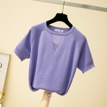 Big code Women in short sleeves Knitted Sweatshirt Spring Summer New Fat Sister Loose T-Shirt Purple Ocean Pistachio With Slim Blouse