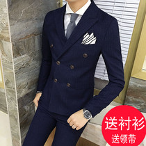 Korean slim double-breasted wool suit mens suit short man small size groom wedding dress mens suit tide