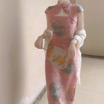  Mimo dk Jade plate original classical pink sexy hollow summer modified cheongsam dress Summer 2021