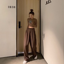 LGGSTYLE chic brown high waist straight suit trousers loose casual wide leg pants children 2020 New