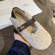 Pedal Bean shoes women winter 2021 Korean version of lamb wool shoes women winter wear flat sole shoes women plus velvet cotton shoes