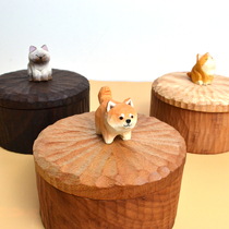 Shiba Inu wood carving storage jar black walnut solid wood hand carved cat puppy storage jar tea pot tea can storage box