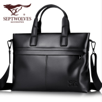 Seven Wolves Genuine Leather Mens Handbag Handbags Business Casual Briefcase Cross Section Single Shoulder Sloped Satchel Leather Bag Headlining Bull Leather