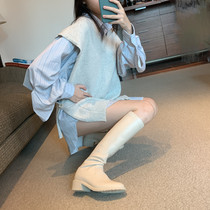 Bliss boon closed eyes Korean back zipper knee middle heel leather but knee high tube beige boots