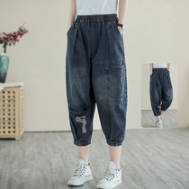 Cotton denim three-point perforated pants womens 2021 autumn new literary thin loose large size dad bloomers