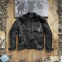 Imported first-layer calfskin stand-up collar slim-fit leather jacket Genuine leather jacket short mens motorcycle casual jacket