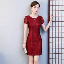 2021 new low-collar mother dress wedding cheongsam dress Xi mother-in-law wedding short lace dress modified summer
