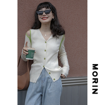 Morin Ink Brocade Collision Color Design Knit Cardiovert Woman 2022 Dew Shoulder V Collar Design Small Crowdport Wind Sweater Jacket