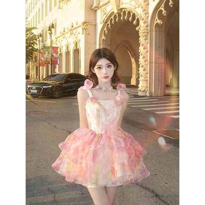 taobao agent Dopamine romantic wear y2k millennium sweet hot girl powder green blooming three-dimensional flower sling fluffy dress female