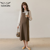 Pregnant womens autumn coat strap skirt foreign style Net red set fashion pregnant womens spring and autumn dress New