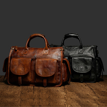 Horizontal leather mens bag vintage mens portable shoulder bag top layer cowhide handmade leisure large capacity business backpack