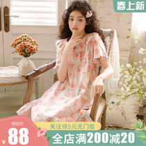 Summer Women Pure Cotton Double Layer Gauze Sleeping Skirt Day Ensemble Sweet floral short sleeve headsets Long-style casual home dress