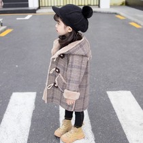 Girls autumn and winter clothes plus velvet coat 2021 new childrens dress foreign woolen coat baby thick hairy trench coat