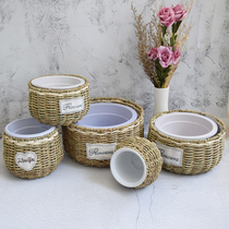 Pastoral straw Wicker Wicker rattan flower basket flower basket fleshy green plant flower arrangement wall hanging hand woven flower pot