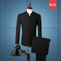 Personality youth Republic of China style black collar Zhongshan dress large size trend groom wedding suit suit suit slim mens clothing