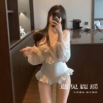 South Koreas new swimsuit female summer conjoined White ins Wind fairy fan Net red hot spring holiday belly thin swimsuit