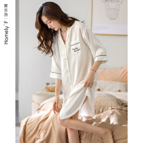 Sleeping Dress Lady Sleepwear Spring Autumn Season Silk Ice Silk Slim Fit 70% Sleeves Cardiovert Shirt Emulation Silk BAO WEN Spring Summer