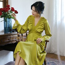 Lace nightgown female spring and autumn Ice Silk 2021 new sexy hollow pajamas one-piece home wear long sleeves (15